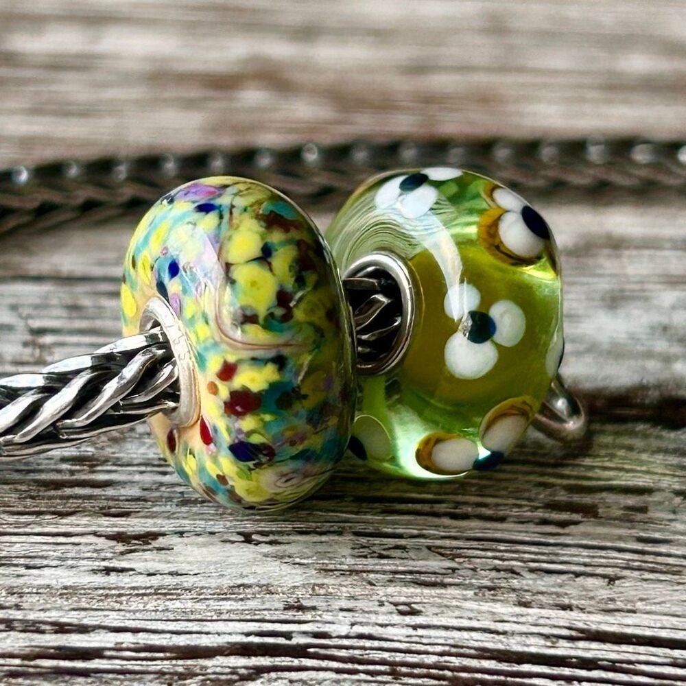 TROLLBEADS Lot of 2 TrollStone Mosaic Blue Green Yellow & Flower Unique LAA 925S